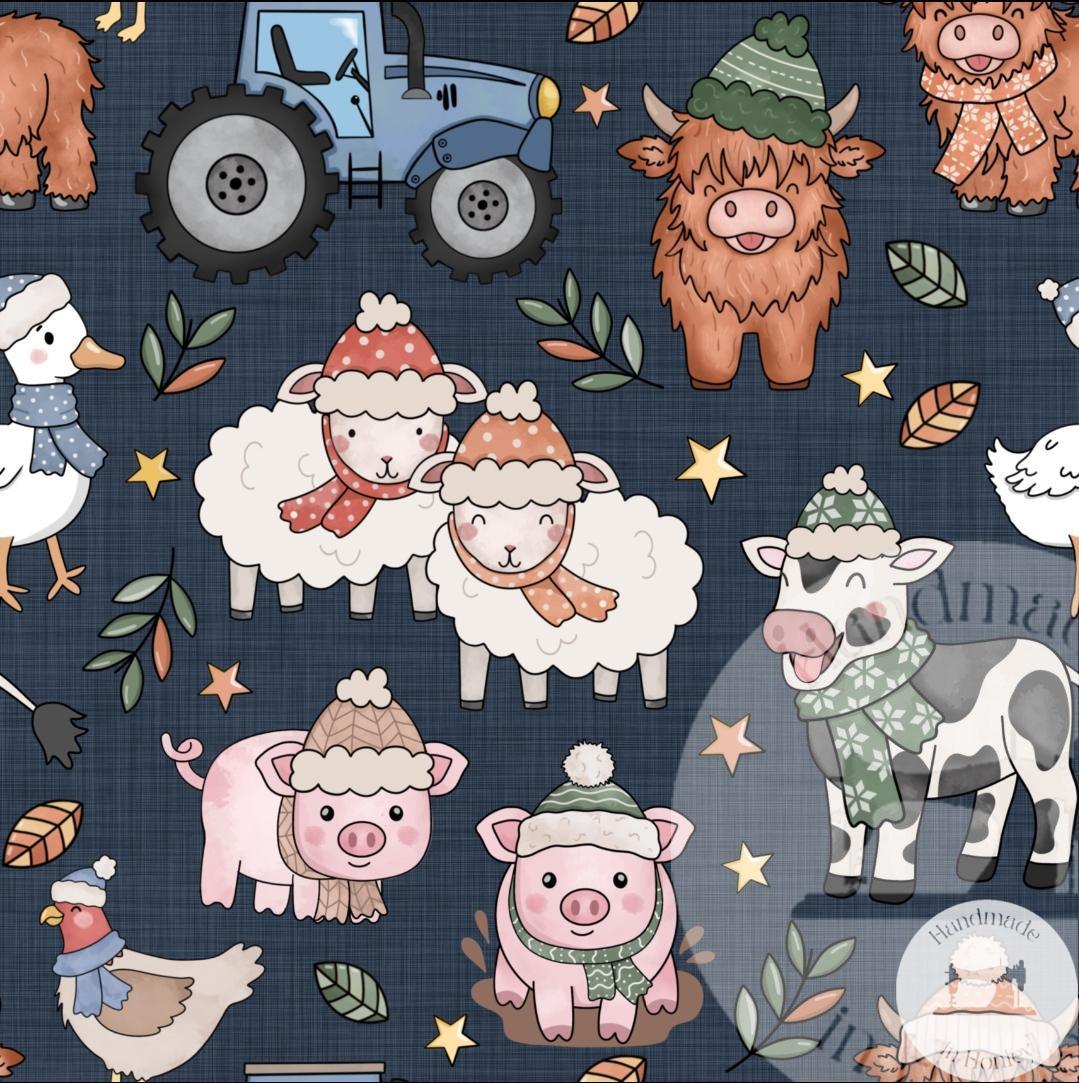 Winter Farmyard - Midnight - Jersey Cotton