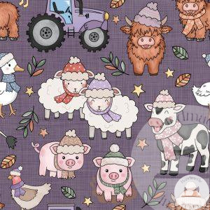 Winter Farmyard - Plum - Jersey Cotton