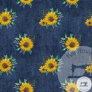 Sunflower on denim EFFECT background- Jersey Cotton
